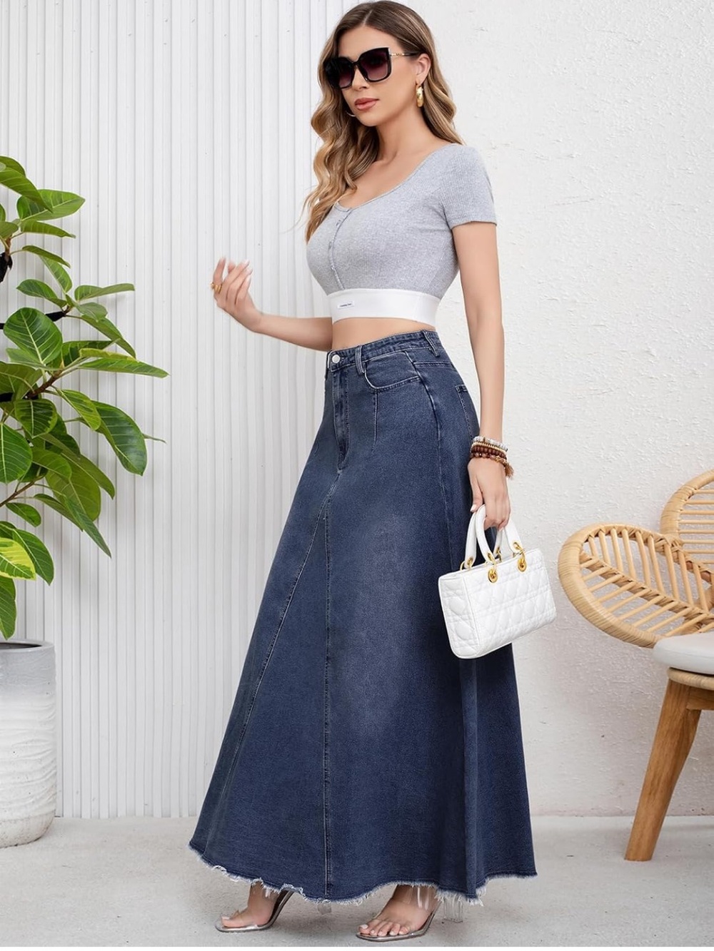 Denim Maxi Skirt - Dark Blue A-Line Women's Skirt
